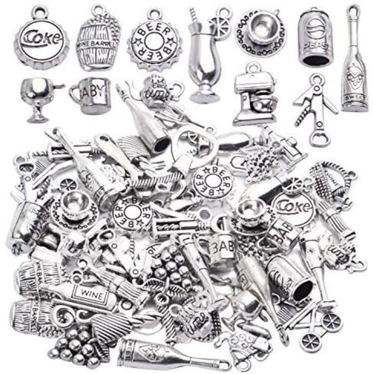 56pcs Silver Wine Bottle Charm Pendants Alloy Cup Glass Opener Grape Wine Charms Jewelry Making Accessories for DIY Necklace Bracelet Earrings Crafts, 28 Styles