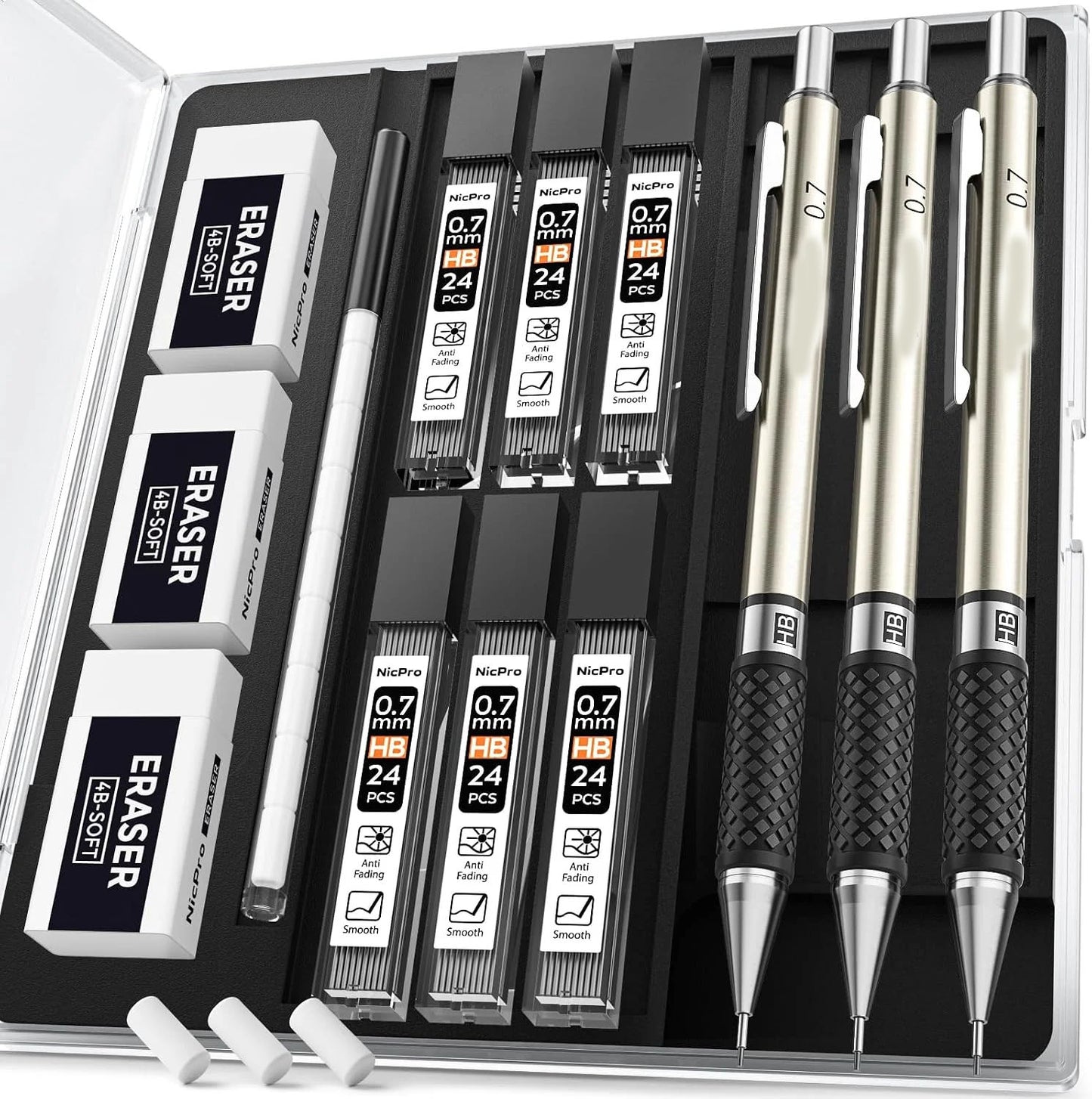Aylifu  0.7 mm Art Mechanical Pencil Set in Storage Case, 3 PCS Metal Drafting Pencil Lead Pencil with 6 Tube HB Lead Refills, 3 Erasers, 9 PCS Eraser Refills for Artist Writing, Drawing, Sketching
