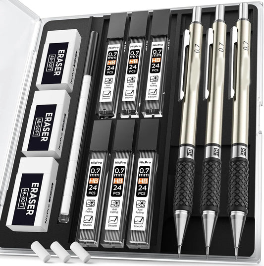 Aylifu  0.7 mm Art Mechanical Pencil Set in Storage Case, 3 PCS Metal Drafting Pencil Lead Pencil with 6 Tube HB Lead Refills, 3 Erasers, 9 PCS Eraser Refills for Artist Writing, Drawing, Sketching