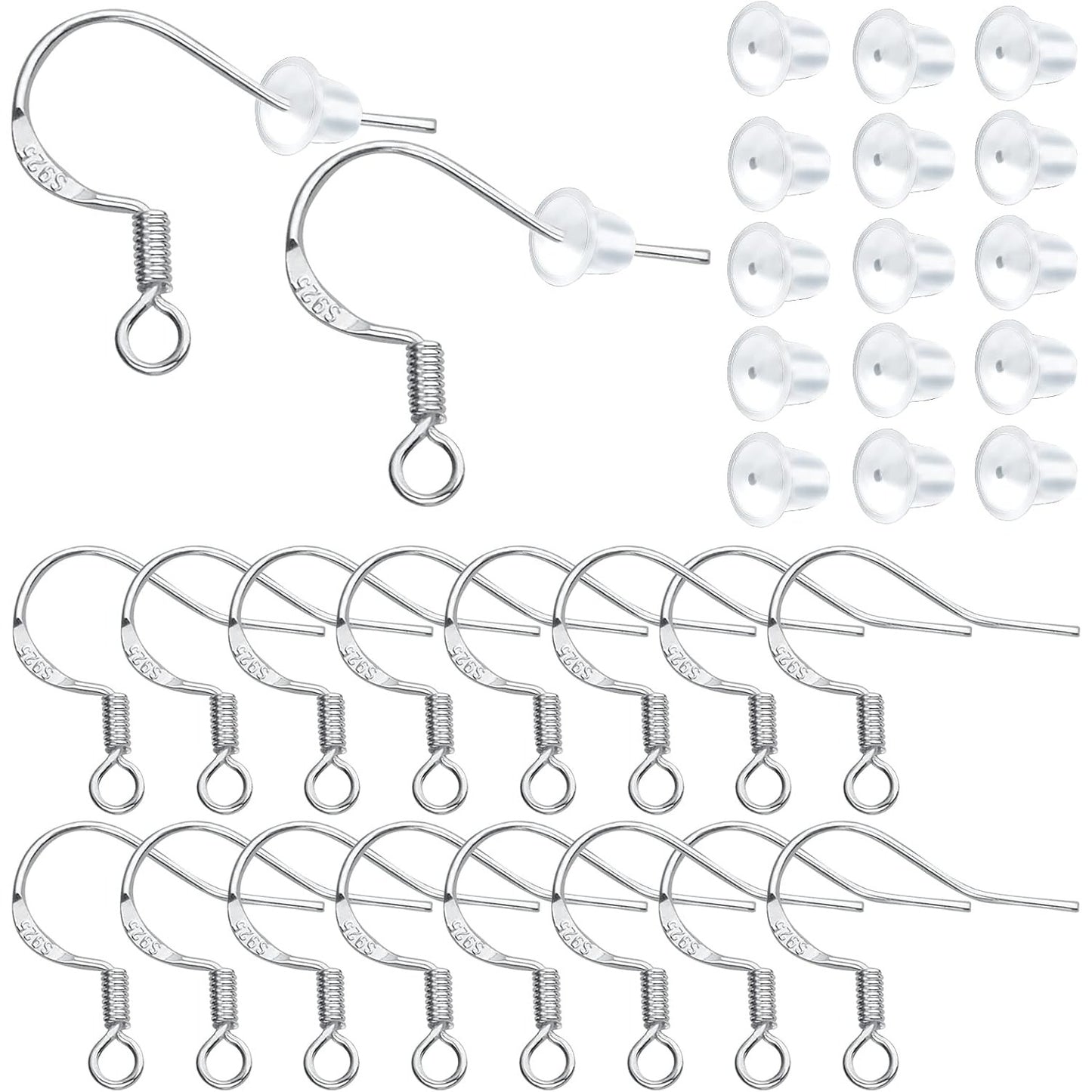 50pcs 925 Sterling Silver Earring Hooks Hypoallergenic Earwire Fish Hooks and 50pcs Silicone Clear Earring Safety Backs for DIY Earring Jewelry Making Supplies
