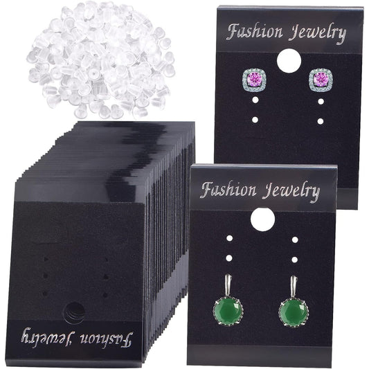 100pcs Black Earring Display Cards Velvet Plastic Earring Card Holders and 200pcs Clear Bullet Earring Backs for Ear Studs Jewelry Accessory Displaying, 3.7 x 5 cm