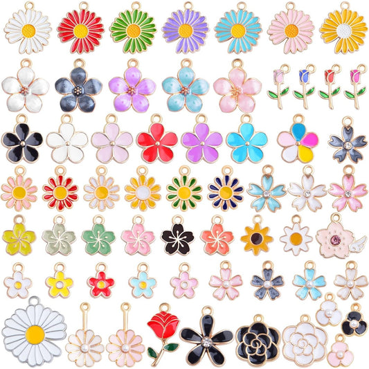 60pcs Alloy Assorted Colorful Flowers Charms Golden Plated Enamel Dainty Rose Daisy Flower Dangle Pendants Craft Supplies for DIY Bracelet Necklace Earrings Jewelry Making