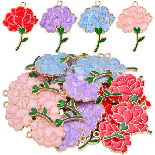 24pcs Enamel Roseflower Charms Alloy Lovely Rose Flower Romantic Dangle Pendants Craft Supplies for DIY Necklace Earrings Jewelry Making Handmade Decor, 4 Colors