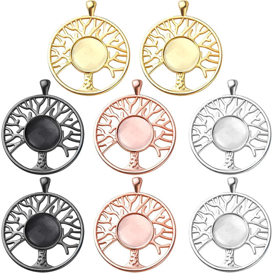 8 Sets 4 Colors Dream Catcher Pendant Trays Alloy Tree of Life Charms with Clear Dome Glass Cabochons for Photo Cameo Bracelet Necklace Jewelry Making Accessories
