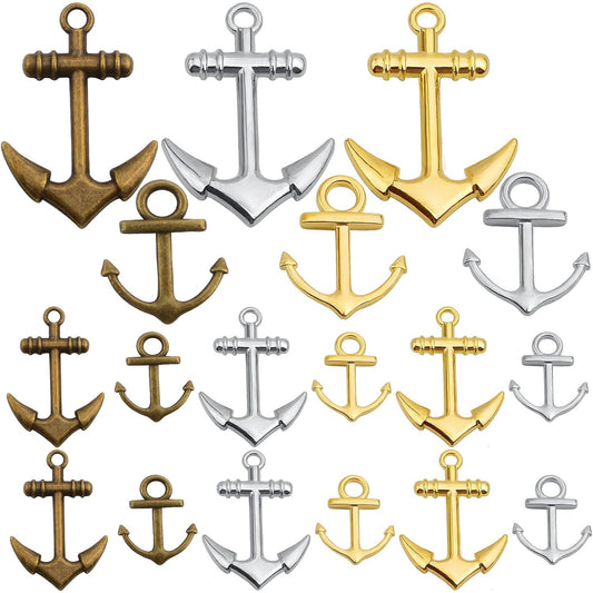 60pcs Vintage Anchor Sign Charms Tibetan Alloy Nautical Anchor Pendants Ship Wheel Sign Dangle Charms for DIY Necklace Bracelet Jewelry Making Crafting, 3 Colors