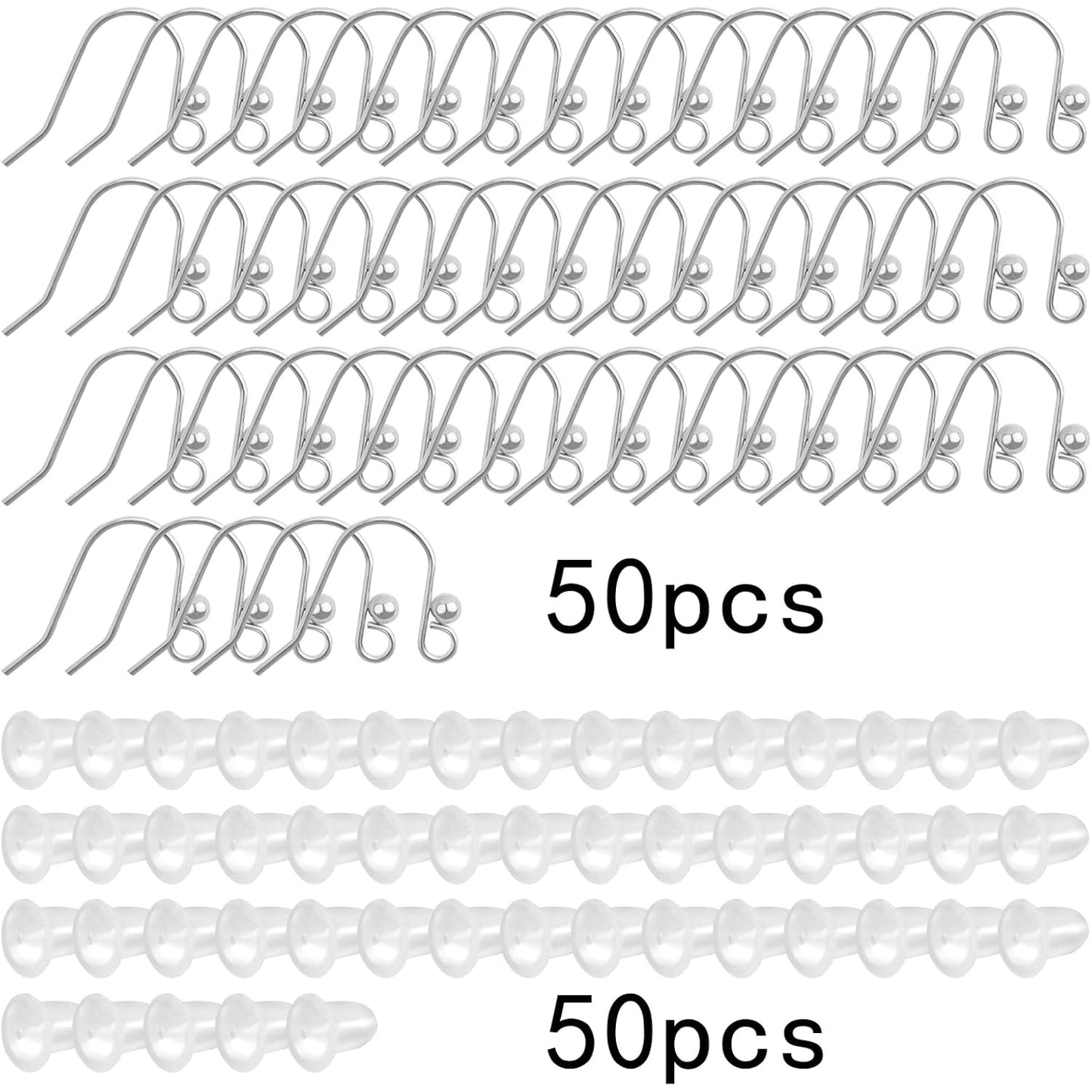 50pcs Stainless Steel French Earring Hooks Hypo-allergenic Ear Wires Ball Fish Hooks with 50pcs Clear Bullet Earring Backs for DIY Dangle Earrings Jewelry Making