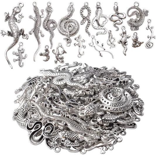 100g Craft Supplies Antique Silver Snake & Lizard Charms Alloy Mixed Style Animal Charms for Bracelet & Necklace Jewelry Making Accessories