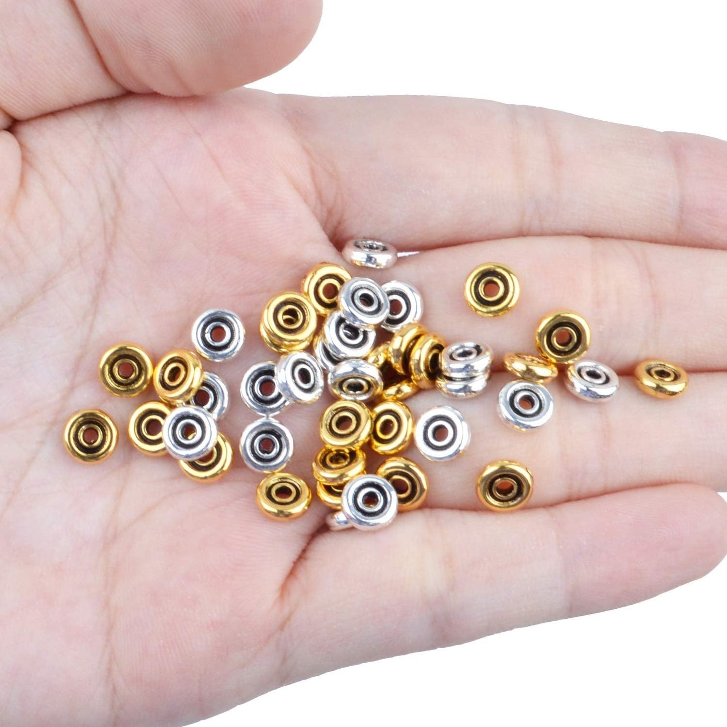 200pcs 6mm Flat Round Disc Alloy Rondelle Spacer Beads Craft Supplies for Bracelet Necklace Jewelry Making,2mm Hole