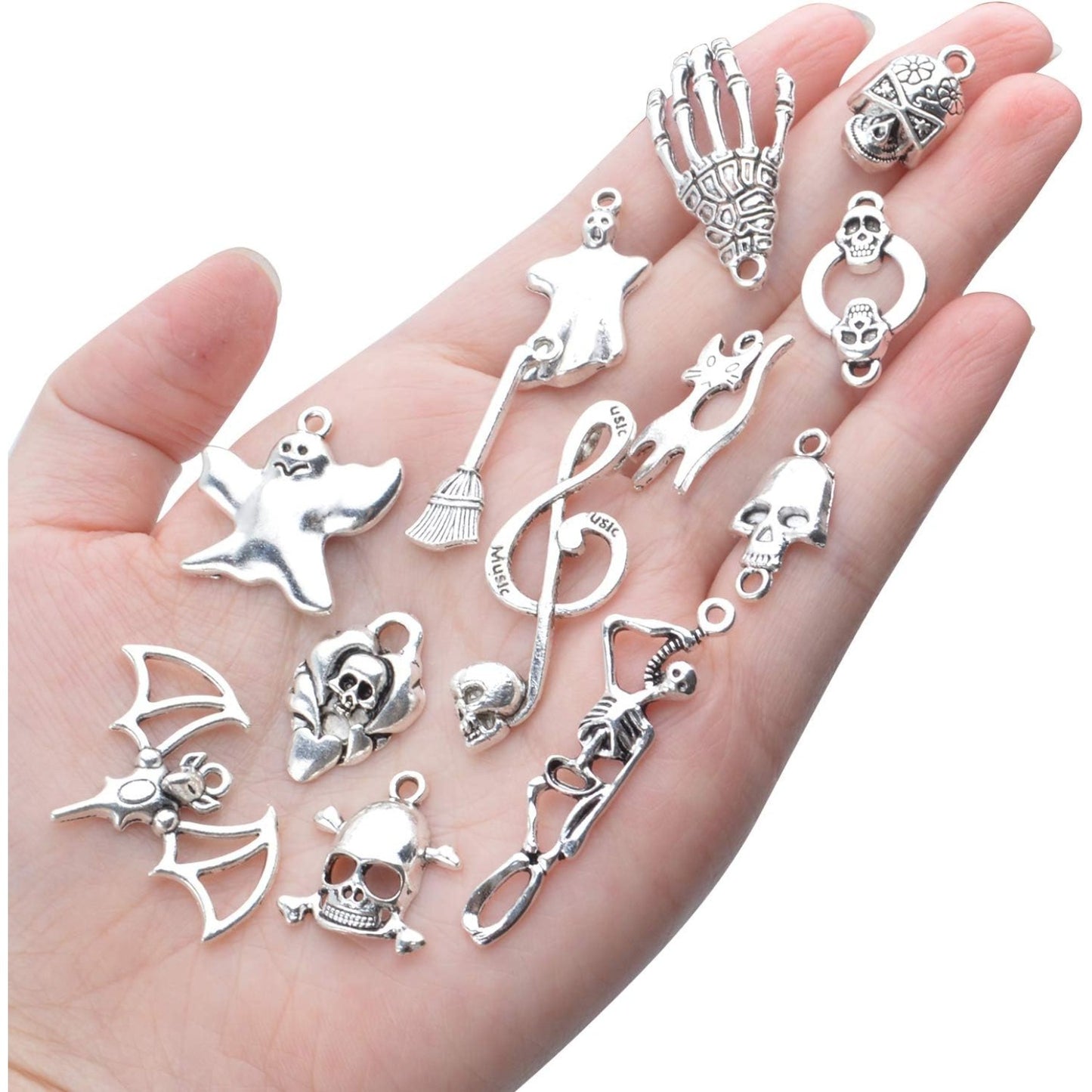 Wholesale Bulk 60 Pieces Mixed Halloween Charms Assorted Atique Silver Skull Skeleton Pumpkin Bat Witch Pendants Charms for Jewelry Making Key Rings Crafts