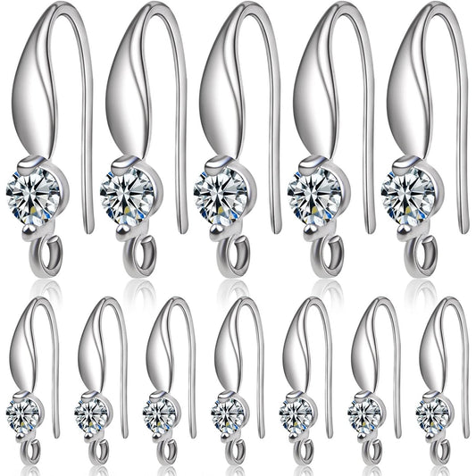 12pcs Silver Plated Rhinestone Earring Hooks Brass Ear Wire Fish Hooks with Open Loop Round Rhinestone Earring Components for Women DIY Earrings Jewelry Making