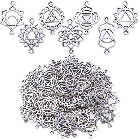70pcs Antique Silver Chakra Energy Charms Connectors Tibetan Alloy Hollow Flower Chakra Pendants Charms Craft Supplies for DIY Bracelet Necklace Earring Jewelry Making Accessories, 7 Styles