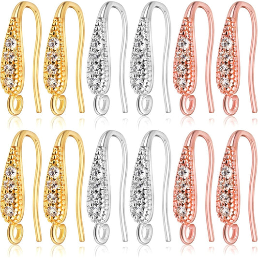 12pcs Cubic Zirconia Earring Hooks Hypoallergenic Brass French Ear Wire Fish Hooks Rhinestone Earrings with Loop for DIY Dangle Earrings Jewelry Making, 3 Colors