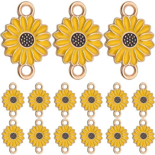 30pcs Enamel Flower Charms Connectors Links Yellow Alloy Floral Sunflower Daisy Flower Dangle Pendants with Double Loops for DIY Bracelet Earring Necklace Jewelry Making