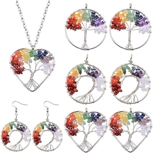 6pcs Tree of Life Charms Colorful Natural Crystal Stone Chakra Positive Gemstone Quartz Life Tree Pendants Good Luck Yoga Charms for DIY Necklace Earrings Keychains Jewelry Making, 3 Styles