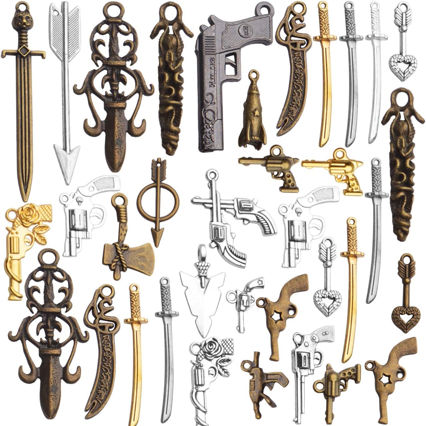 Weapons Charms Bulk, 100Gram(About 20-40pcs) Assorted Weapons Charm Gun Arrow Sword Axe Arms Pendant Collection Jewelry Making Accessaries for DIY Necklace Bracelet Earrings
