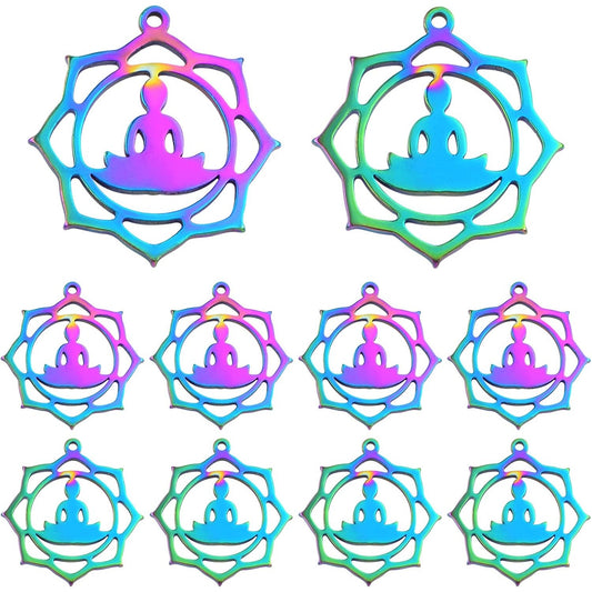 10pcs Stainless Steel Buddha on a Lotus Flower Charms Hypoallergenic Round Hollow Lotus Flower Buddhist Pendant Charms for DIY Necklace Earrings Jewelry Making Supplies, Rainbow Color