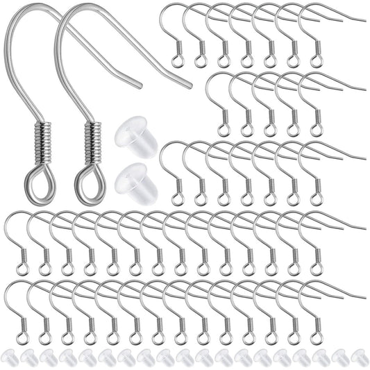 50pcs Stainless Steel Earring Hooks Hypoallergenic French Ear Wire Fish Hooks with 50pcs Clear Silicone Earring Backs for DIY Dangle Earrings Jewelry Making Decor