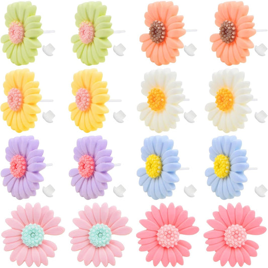 8 Pairs Sweet Resin Daisy Sunflower Stud Earrings Cute Chrysanthemum Earring Post Studs with Earring Safety Backs for Women Sensitive Ears DIY Jewelry Making, 8 Colors