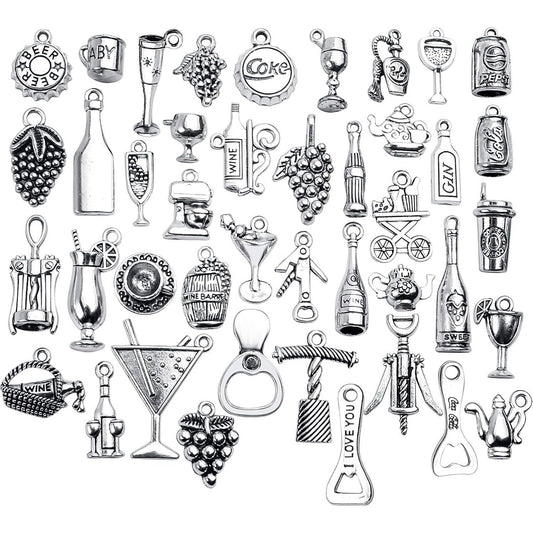 42pcs Tibetan Silver Pendants Wine Bottle Barrel Glass Opener Grape Antique Wine Charms Accessories Jewelry Findings for DIY Necklace Bracelet