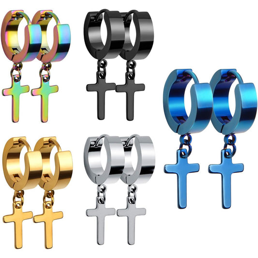 5 Pairs Stainless Steel Hoop Earrings Small Hypoallergenic Hoops Huggie Earrings with Cross for Men Women,5 Colors