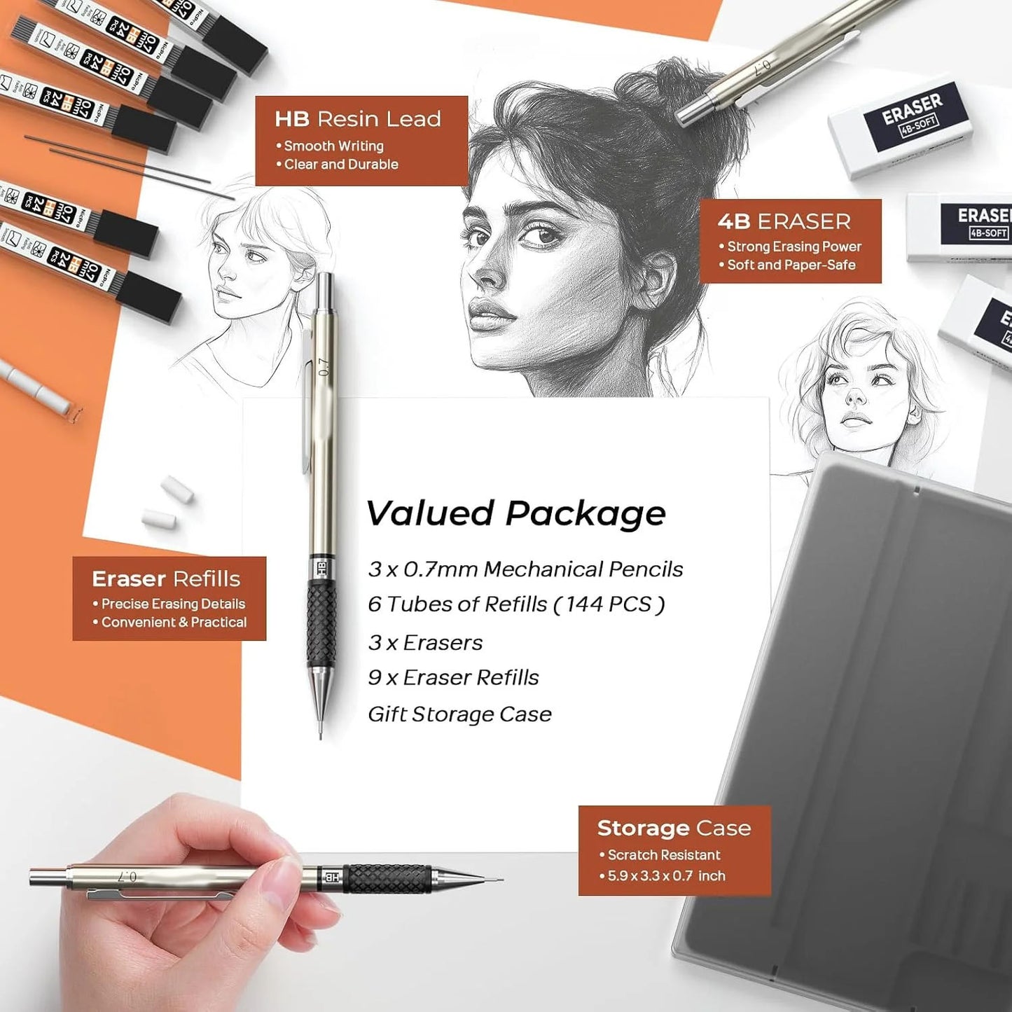 Aylifu  0.7 mm Art Mechanical Pencil Set in Storage Case, 3 PCS Metal Drafting Pencil Lead Pencil with 6 Tube HB Lead Refills, 3 Erasers, 9 PCS Eraser Refills for Artist Writing, Drawing, Sketching