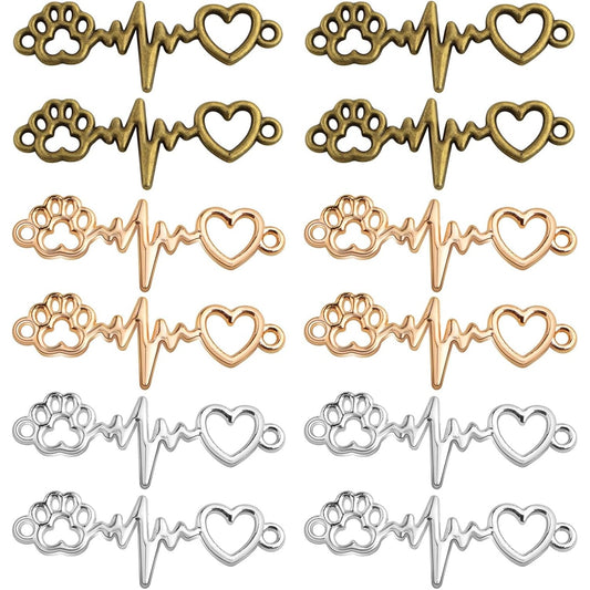60pcs Dog Paw Print Heart Beating Charm Connectors Vintage Alloy Animal Footprint Lifeline Pulse Heartbeat Pendant Links for DIY Bracelet Necklace Jewelry Craft Making, 3 Colors