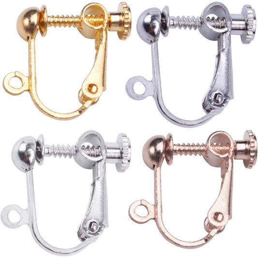 24 Pieces Clip-on Earring Findings Components Screw Back Ear Wire Non Pierced Earring Converter with Loop for Jewelry Making, 4 Colors
