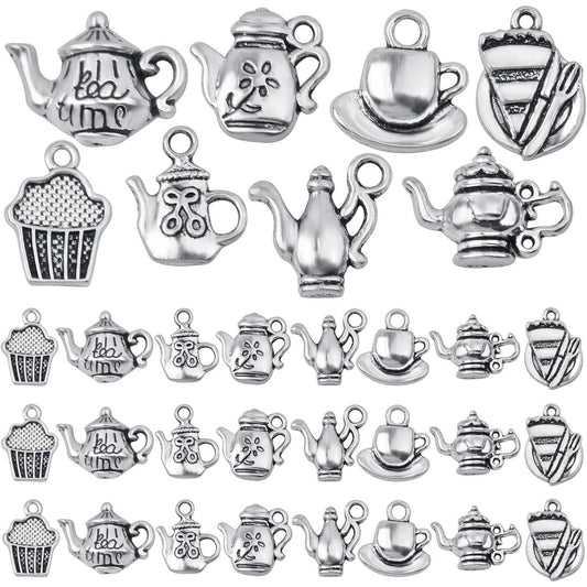 40pcs Antique Silver Tea Cup Charms Tibetan Vintage Mixed Teapot Coffee Cup Mug Pendant Charms Craft Supplies for DIY Necklace Bracelet Earring Jewelry Making, 8 Styles