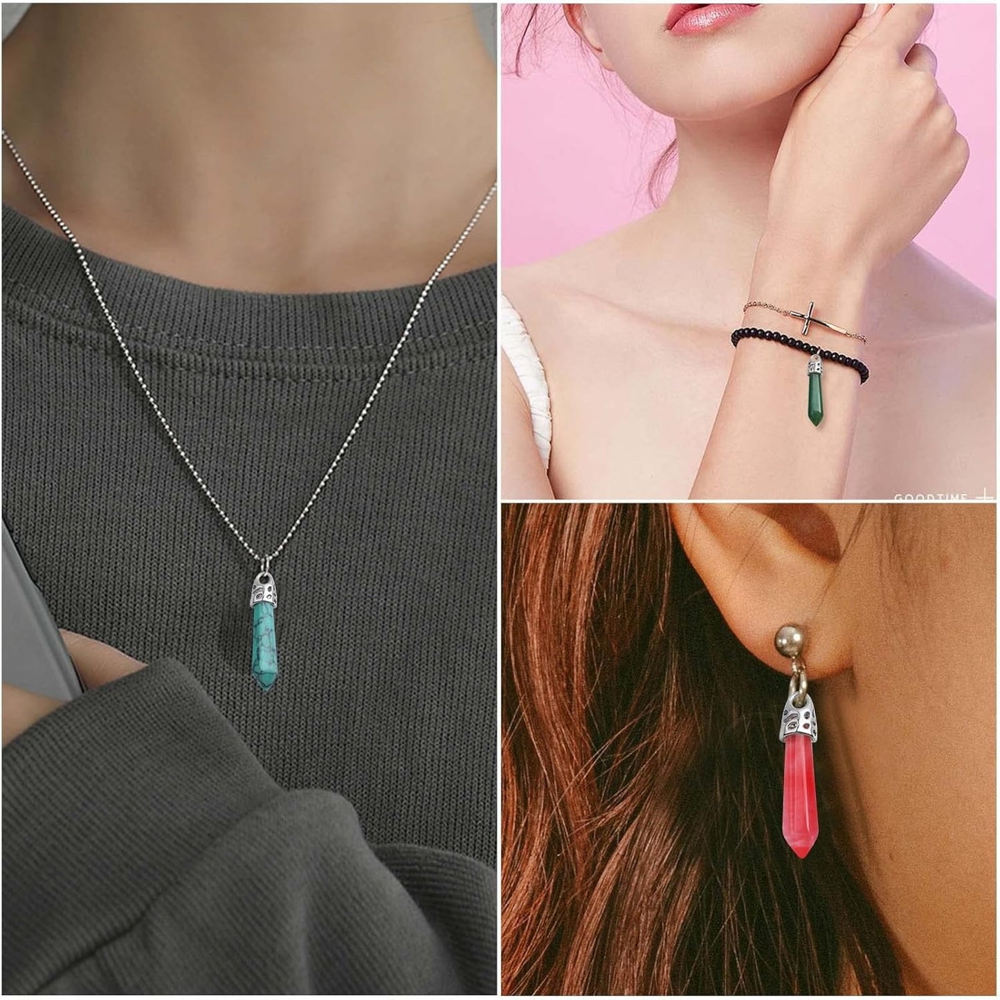 8pcs Bullet-Shaped Crystal Gemstone Charms Hexagonal Natural Stone Healing Pointed Chakra Stone Pendants for DIY Necklace Jewelry Making Valentine's Gifts, 8 Colors