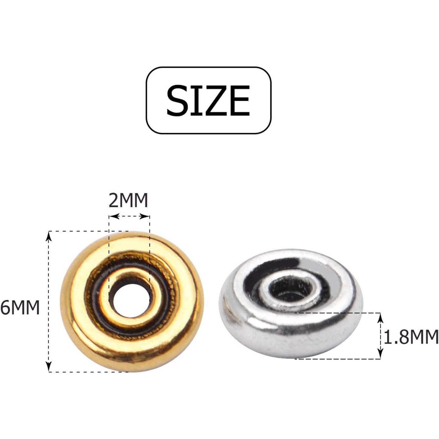 200pcs 6mm Flat Round Disc Alloy Rondelle Spacer Beads Craft Supplies for Bracelet Necklace Jewelry Making,2mm Hole