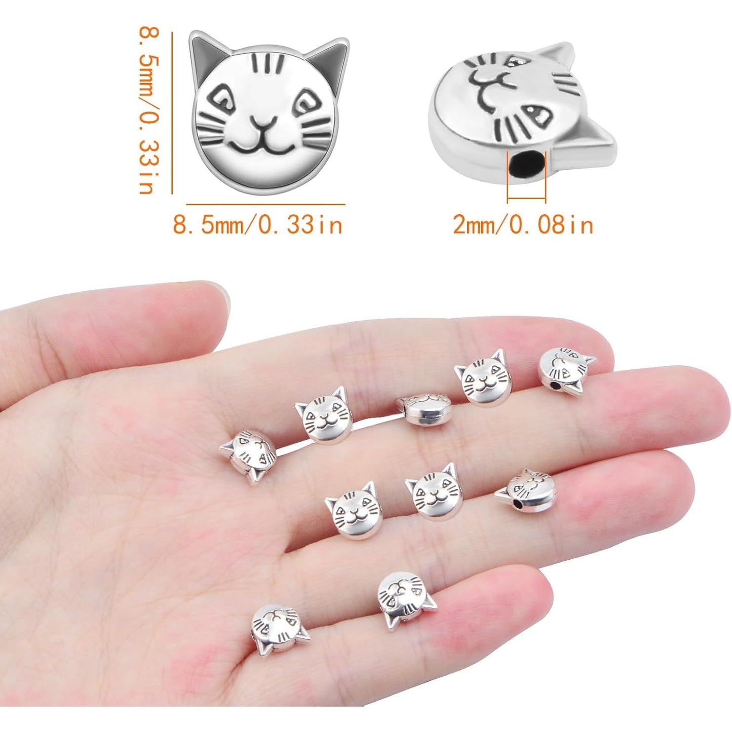 50pcs Antique Silver Cat Spacer Beads Alloy Cat Head Beads Animal Charm Beads Craft Supplies for DIY Jewelry Necklace Bracelet Keychains Making and Crafting