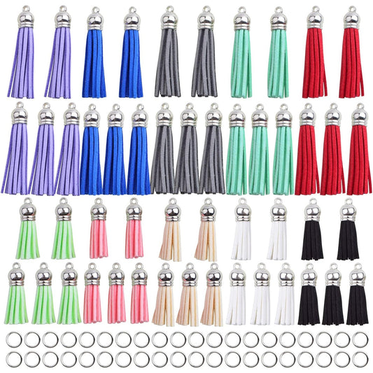 50pcs 2 Sizes Tassel Keychain Charms Multicolored Leather Tassel Pendants and 50pcs White K Open Jump Rings for DIY Earring Cellphone Straps Jewelry Making Accessories