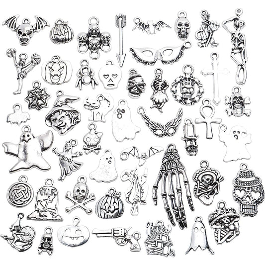 50 Pieces Halloween Theme Charms Assorted Tibetan Silver Pendants Skull Skeleton Pumpkin Bat Witch Charms for Jewelry Making Key Rings Crafts