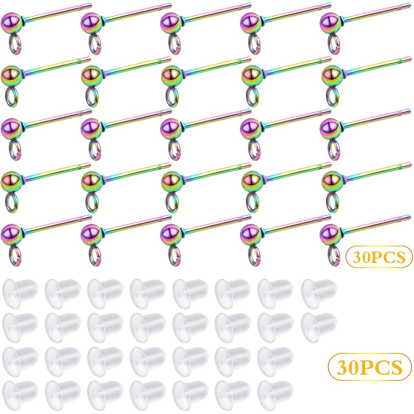 30pcs 3 mm Hypoallergenic Ball Post Earring Studs with Loop Stainless Steel Round Ball Earring Pins and 30pcs Clear Earring Safety Backs for DIY Jewelry Making, Rainbow Color