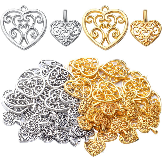 60pcs Heart Charms Tibetan Alloy Filigree Hollow Heart Love Charm Pendants for DIY Earring Bracelet Jewelry Crafts Making,2 Styles