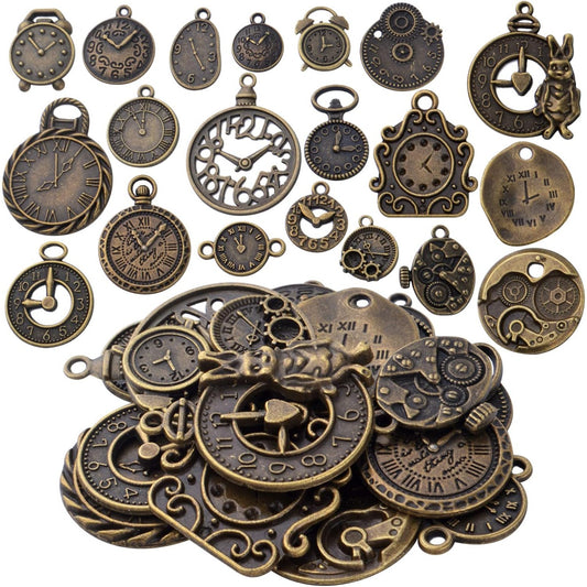 20pcs Antique Bronze Clock Face Charms Alloy Watch Steampunk Charm Pendants Connector Alice Clock Charms Craft Supplies for DIY Bracelet Necklace Jewelry Making Accessories