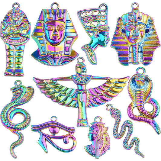 10pcs Rainbow Color Ancient Egypt Charms Mixed Pyramid Chief Snake Pharaoh Horus Eyes Cobra Winged Goddess Isis Pendants for DIY Jewelry Making Craft Supplies, 10 Styles