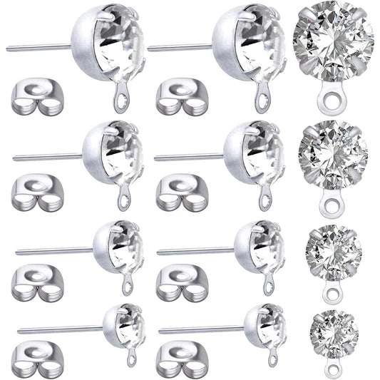 80pcs 4mm/5mm/6mm/8mm Rhinestone Earrings Posts with Loop Hypoallergenic Metal Earrings Studs and 80pcs Butterfly Earring Backs for DIY Dangle Earrings Design Jewelry Making, Silver