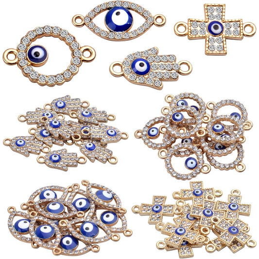 40pcs Evil Eye Connectors Pendants Bracelet Rhinestone Connector Bead Charms Round Cross Hand Eye Forms for Bracelet Necklace Crafts DIY,Gold