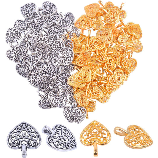 100 Pieces Heart Charms Pendants Metal Beads for Jewelry Making Bracelet Necklace,Antique Silver and Gold