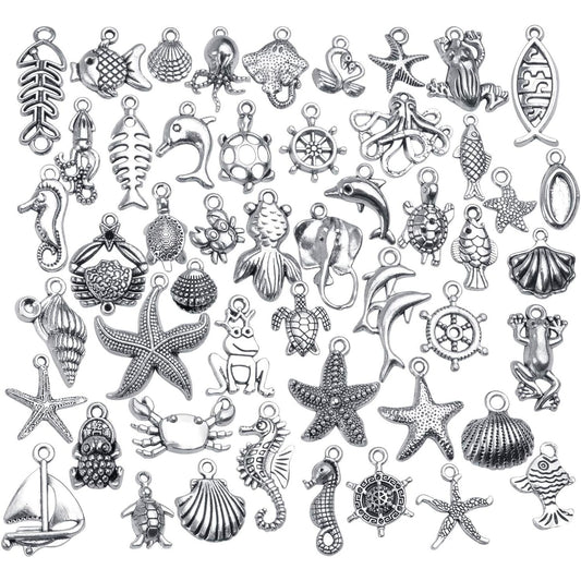Sea Animal Charms, 50pcs Alloy Marine Life Pendants Ocean Fish & Sea Creatures Charms Pendants Jewelry Findings for DIY Necklace Bracelet, Silver