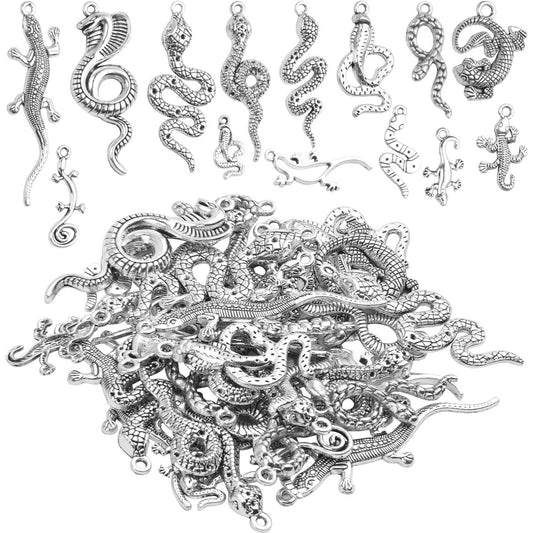 100g (About 25-40pcs) Antique Silver Snake Charms Assorted Serpent Pendants Lizard Charms Jewelry Accessories for Bracelet Necklace Earring Making