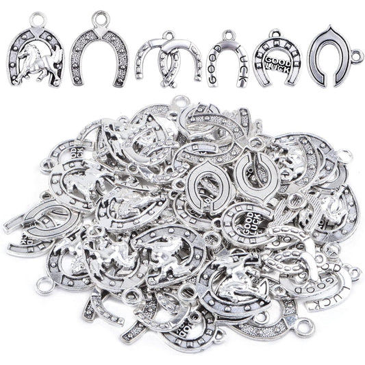 60pcs Antique Silver Horseshoe Charms Vintage Alloy Western Lucky U Shape Horseshoe Dangle Pendants for DIY Bracelet Necklace Earrings Jewelry Making, 6 Styles
