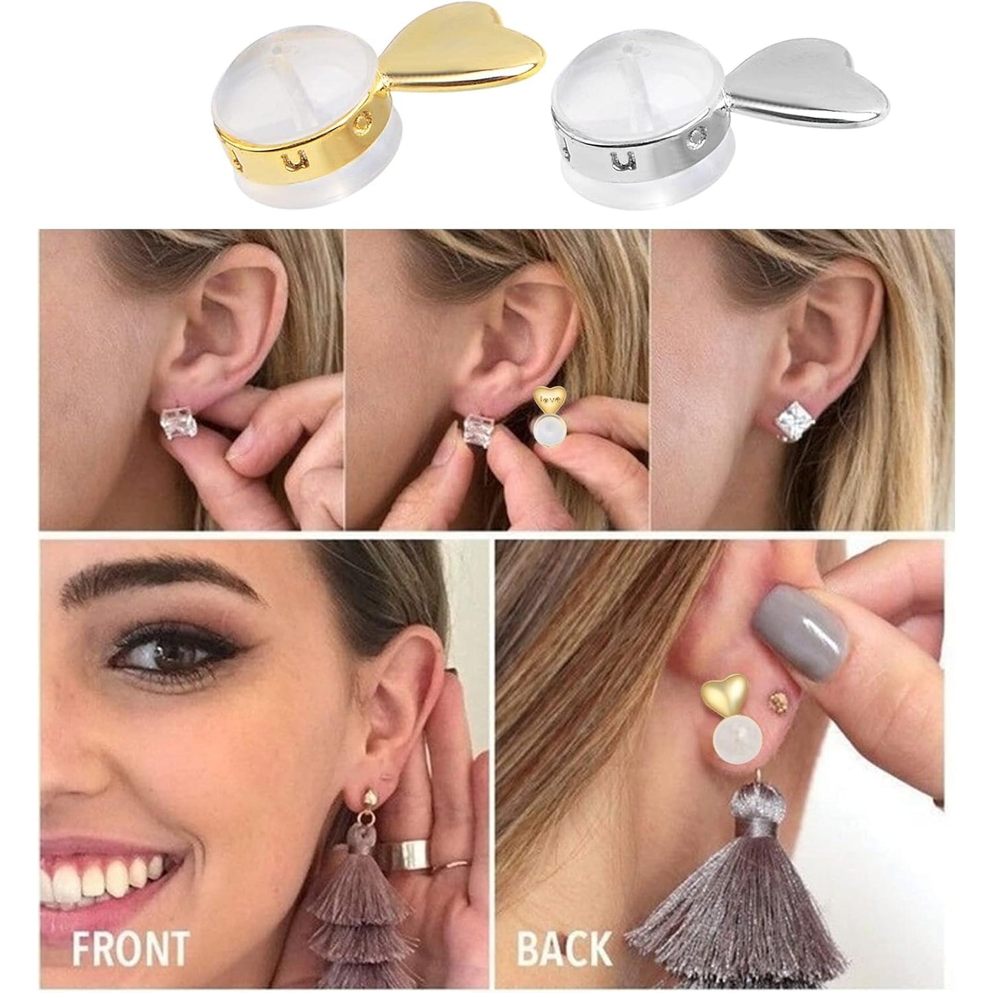 12pcs Soft Silicone Hamburger Heart Shaped Earring Backs Hypoallergenic Love Locking Secure Earring Backings Replacements for Studs Earring Hoops Fish Hooks, 2 Colors