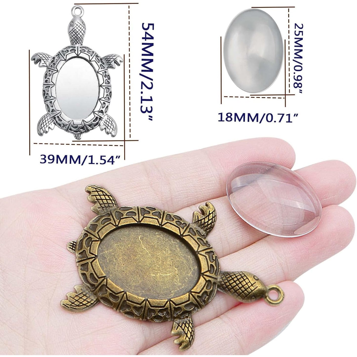 10pcs 2 Colors Antique Turtle Bezel Pendant Settings Blank Turtle Pendant Trays with 10pcs Clear Oval Glass Cabochons Bases for DIY Art Crafts Photo Cameo Resin Jewelry Making