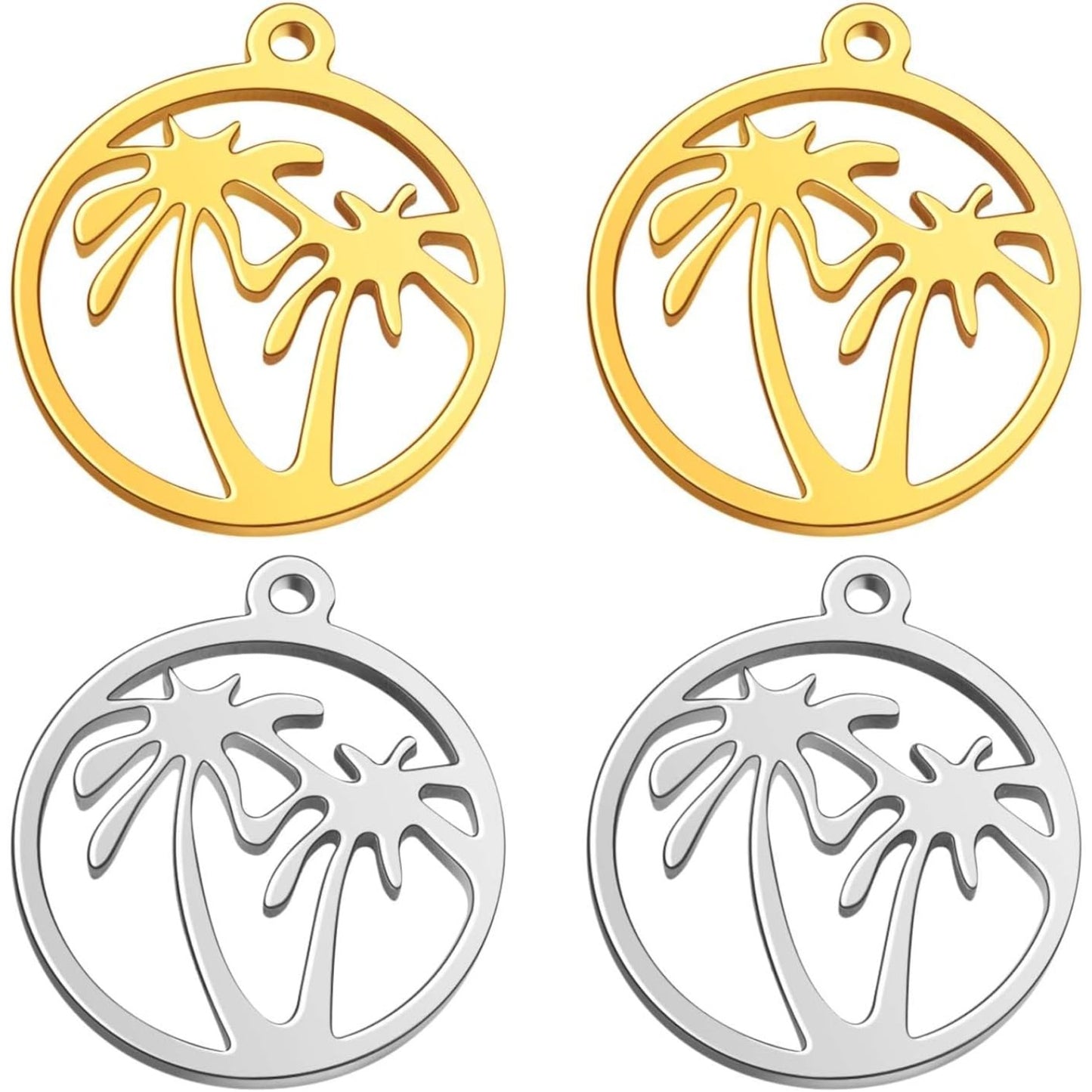 10pcs 2 Colors Stainless Steel Round Ring with Coconut Tree Charms Hypoallergenic Hawaii Tropical Plant Tree Pendants for DIY Necklace Bracelet Keychains Jewelry Making
