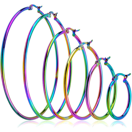 6 Pairs Stainless Steel Earring Beading Hoops Hypoallergenic Round Hoop Earrings Findings Art Accessories for DIY Earring Crafts Jewelry Making, 20/30/40/50/60/70mm, Rainbow Color