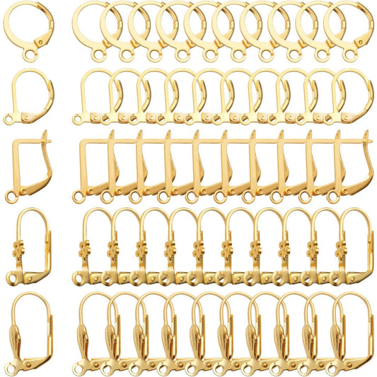 50pcs Gold French Earring Hooks Leverback Earwires Brass Hypoallergenic Ear Hooks with Open Loop for Earring Designs Supplies Jewelry Making Findings, 5 styles