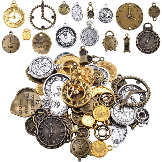 100G Mixed Antiqued Charms Clock Face Charm Pendant for DIY Crafts, Gears, Jewelry Making, Steampunk Pendants