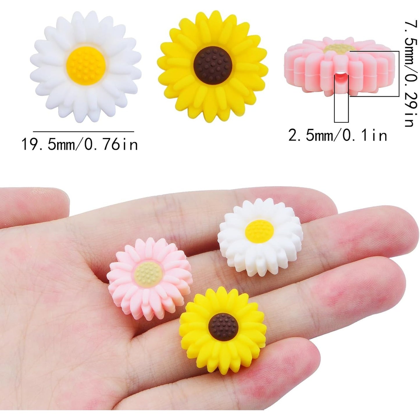 15pcs 20 mm Sunflower Silicone Daisy Flower Focal Flat Flower Shape Spacer Beads for DIY Keychains Lanyards Garlands Crafts Jewelry Making, 3 Colors